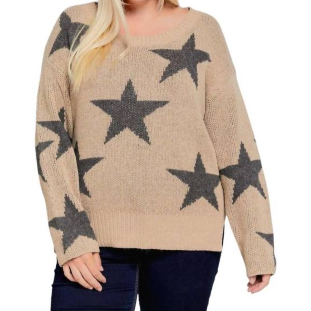 DAVI & DANI curvy star sweater - plus in taupe